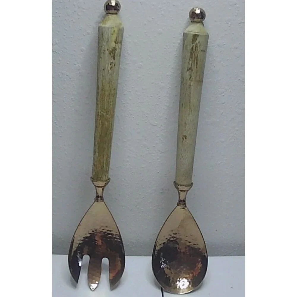 Vtg Salad Server Set Hammered Plated Copper, Wood Handles MCM 13.25